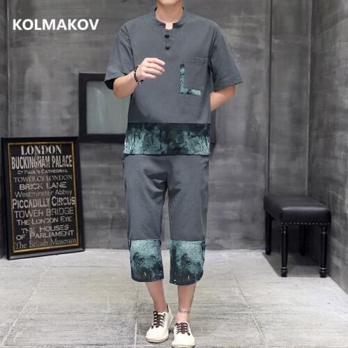 Shirt + trousers)2021 summer men shirt Cotton and linen printing design shirts three quarter trousers mens shirts men M-5XL