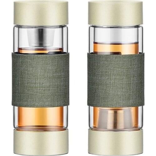 KAXIFEI Business Type Water Bottle Glass Bottle with Stainless Steel Tea Infuser Filter Double Wall Glass Sport Water Tumbler