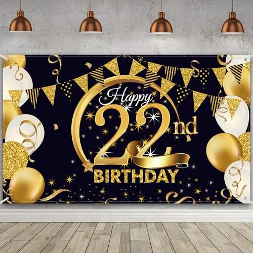 22nd Birthday Party Decoration,Fabric Black Gold Sign Poster for 22nd Anniversary Background Banner, 22nd Birthday Party