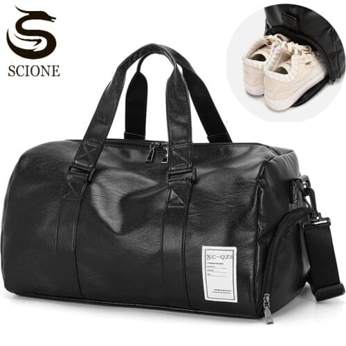 Unisex PU Leather Travel Handbags Duffle Men Women Gym Bag Fitness Sports Bags For Training Luggage Shoulder Bag Black XA105M