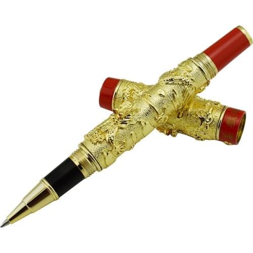 Jinhao Vintage Luxurious Rollerball Pen Double Dragon Playing Pearl, Metal Carving Embossing Heavy Pen Gold & Red for Office
