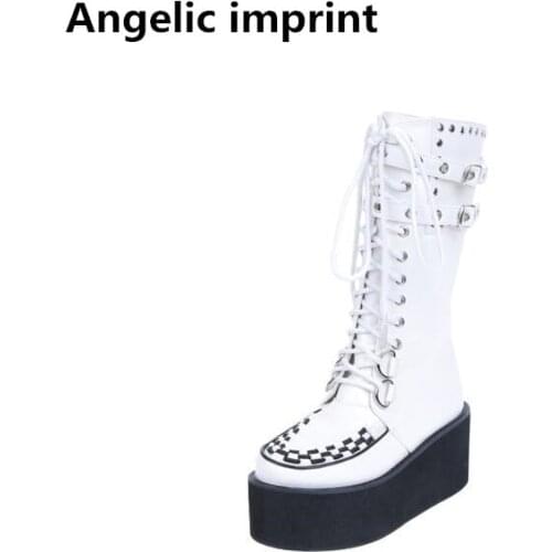 Angelic imprint mori girl Women punk motorcycle boots lady lolita Boots woman high trifle heel wedges pumps shoes lace up 33-47