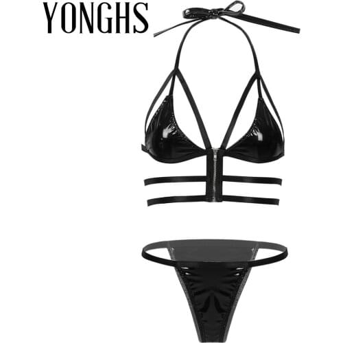 Womens Patent Leather Bikini Sexy Lingerie Set Lace-up Halter Neck Front Zipper Bra Top with T-back Strappy Erotic Underwear Set