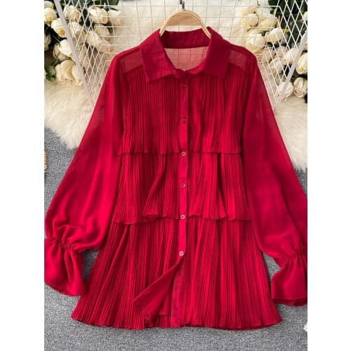 Womens Autumn Shirts Female New Design Niche Pleated Ruffled Mid-length Bubble Puff Sleeve Chiffon Top Female Blusa GX1044