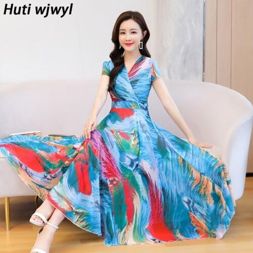 2021 Women Print Chiffon Beach Long Sundress Bodycon Elegant Party Vestidos Summer Vintage Floral Oversize Short Slveeve Dresses