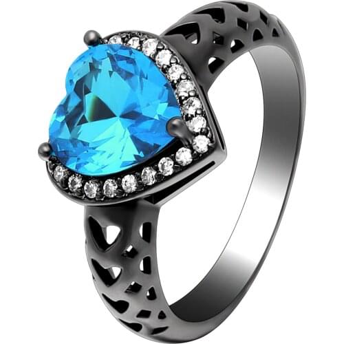 Charm Black Gold Jewelry Hollow Deasign Love heart shape ring blue green pink color Zircon paved women Wedding Engagement Ring