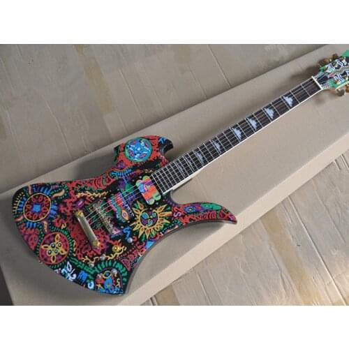 Abstract pattern Decal Unusual Shape Electric Guitar with Golden Hardware,Rosewood Fretboard, offer customized