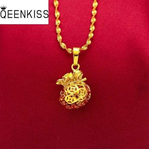QEENKISS PT557 Fine Jewelry Wholesale Fashion Woman Girl Birthday Wedding Gift Hollow FU Bag 24KT Gold Pendant Charm NO CHAIN