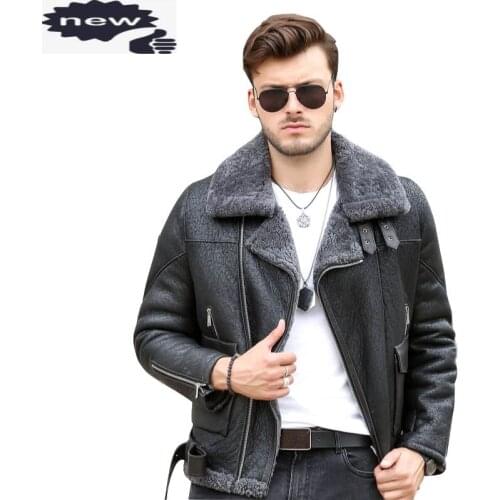 Italy Motorcycle Mens Biker Genuine Leather Real Fur Lining Warm Shearling Overcoat Aviator Jacket Slim Fit Military Coat