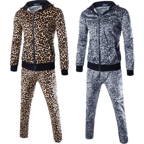 Top quality 2020 Spring autumn Mens suit fashion leopard print fleece Men clothing patchwork Zipper cardigan harem sets hoodies