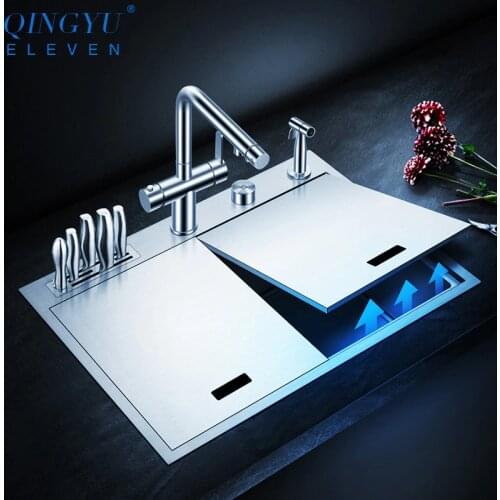 New kitchen Sink Double Cover hidden Single 304 Stainless Steel 4mm Thickness Handmade Brushed kitchen Sink With knife holder