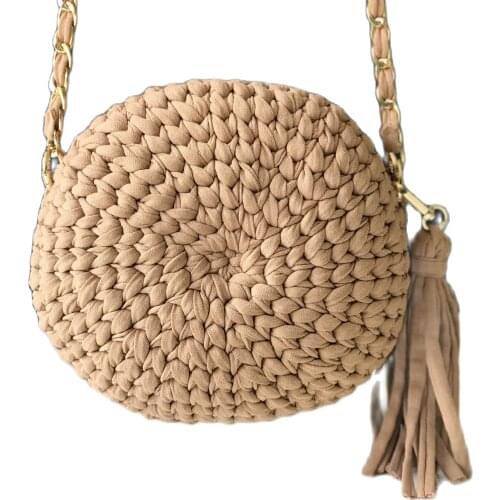 New Fashion Trend Custom Cut Wood Accessorized Straw Macarons Chain Straps Mesh Round Model Beige Color Women 'S Handbag
