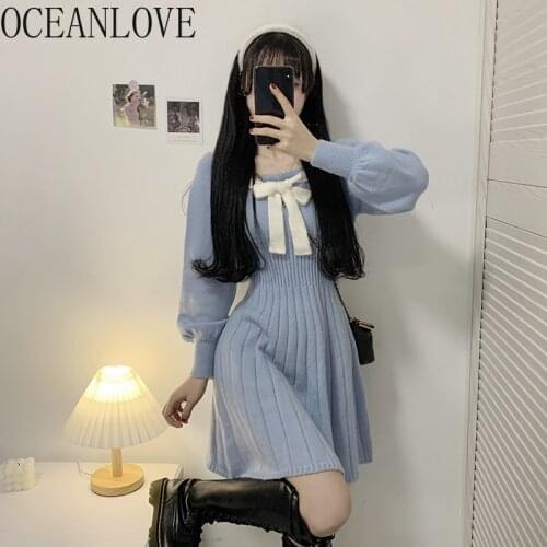 OCEANLOVE Bow Blue Kawaii Japan Style Robes Spring A-line Pleated Lace Up Woman Dresses High Waist 2021 Mini Dress Solid19877