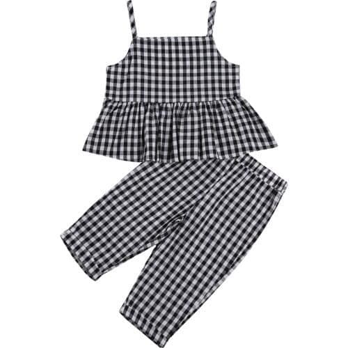 OPPERIAYA Kids Toddler Baby Girls 2Pcs Clothes Summer casual Sets Plaid Spaghetti Straps Sleeveless Ruffle Tops Pant