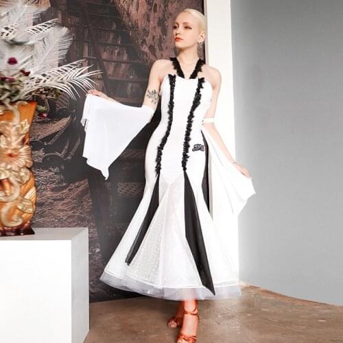 New Ballroom Dance Performance Dress Adult Lace White Long Dress Women Prom Tango Dancewear Standard Waltz Dance Costume VDB3507