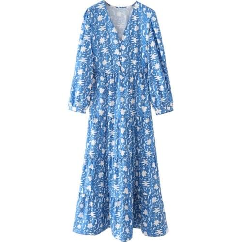 New Women Vintage Printed Dress Buttons V-neck Long Sleeves Casual Midi Dresses Boho style Woman Robe