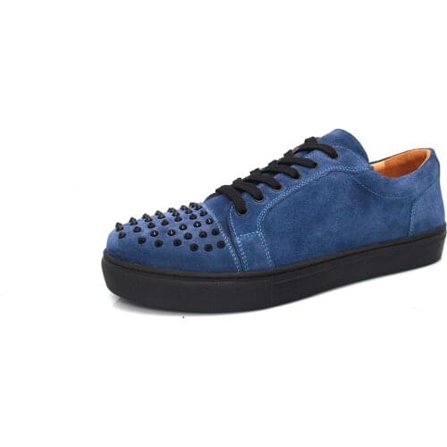 SHENBINs Spikey Casual Sneakers, Handmade, Navy Blue Suede