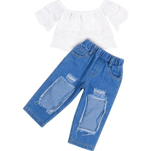 Baby Girls Two-piece Clothes Casual Set White Boat Neck Short Sleeve Tops and Blue Solid Color Jeans with Broken Holes