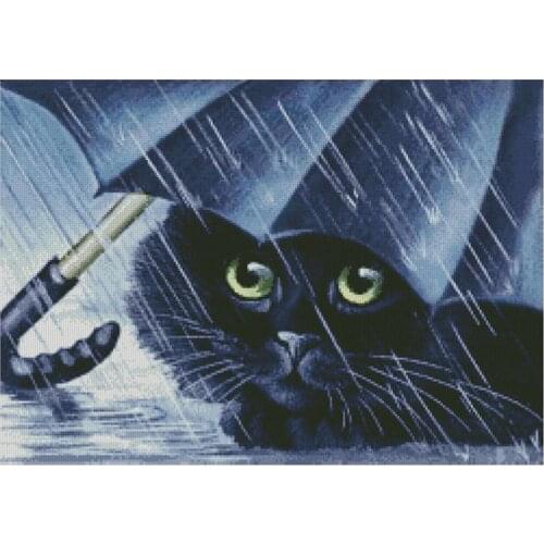 Lovely Gold Collection Counted Cross Stitch Kit Cat Under An Umbrella Black Cat Raining Chimera 10958