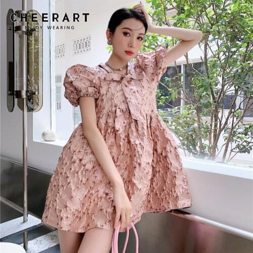 CHEERART Sakura Pink Puff Sleeve Vintage Ruched Babydoll Dress Women Summer Bow Neck Short Sleeve Ball Gown Korean Fashion Dress