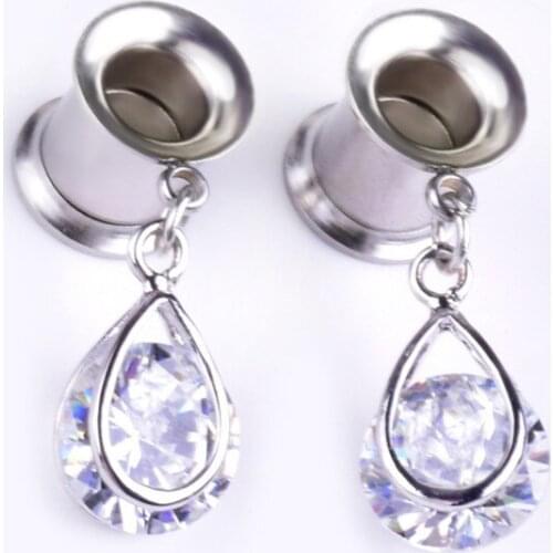 2 pcs Stainless Steel Water drop Crystal Ear Plugs Tunnels Flesh Expansions Piercing Earring Gauges Expanders Body Jewelry