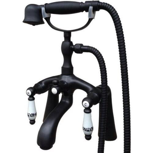 Bathroom Black Oil Rubbed Bronze Clawfoot Tub Faucet Mixer Tap w/ Handshower Ceramics Handles - Deck Mount atf513