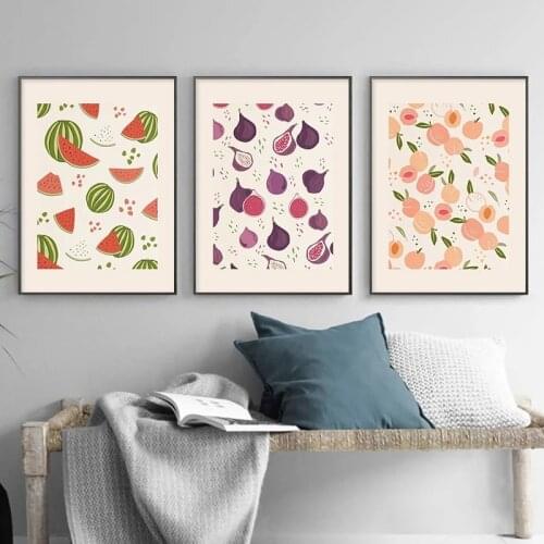 Modern Fruit Canvas Painting Poster Print Cartoon Pictures with Fruits Watermelon Peaches for Home Rooms Gallery Wall Decoration