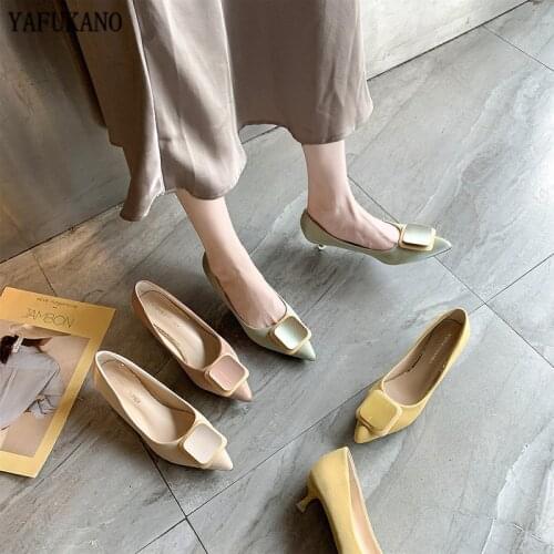 Sexy Pointed Toe Thin Heels High Heels 2020 Brand Woman Shoes Fashion Metal Buckle Pumps Mid Heel Party Dress Lady Shoes 4 Cm
