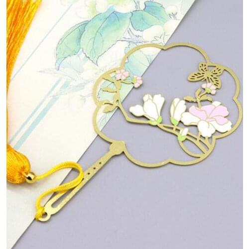 XRHYY Gold Color Fan Bookmark Handmade Reading Material Bookworm Reader Fringed Beautiful Classical Flower Brass Bookmark Gift
