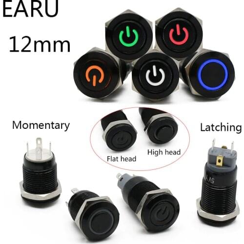 12mm Alumina Black Flat High Head Waterproof Metal Push Button Switch LED Light Momentary Latching Car Engine PC Power Switch 5V