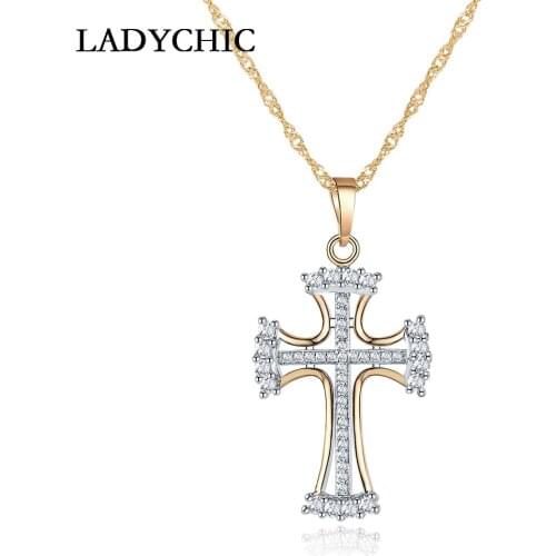 LADYCHIC Women Elegant Cubic Zircon Cross Pendant Necklaces Gold and Silver Color Christian Jesus Jewelry Gift for Female LN1009