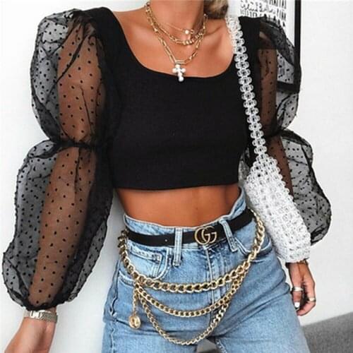 Women Ladies Summer Mesh Puff Long Sleeve Shirt Skinny Casual Blouse Tops Elegant Polka Dot Party Clubwear Short Clothes Tops