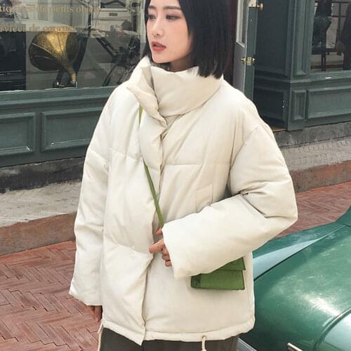 Korean Style Womens Winter Jacket Oversized Solid Female Cold Coat Loose Stand Collar Cotton Padded Thick Warm Parkas Woman