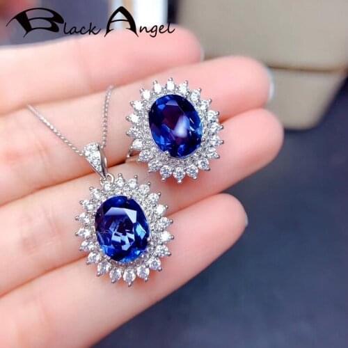 BLACK ANGEL Romantic Blue Spinel Gemstone silver 925 Jewelry Sets For Women Created Sapphire Wedding Necklace Resizable Rings