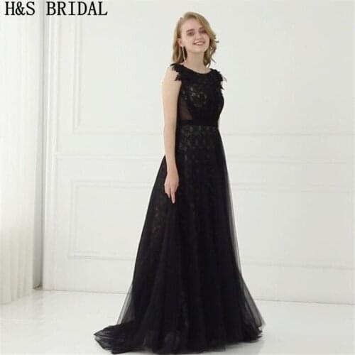 H&S BRIDAL Black Lace evening dress long Lace vestido longo de festa Elegant Cheap 2018 New Arrival Gowns Prom Dresses