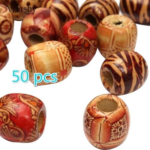 10/50pcs Mix Shape Wood Beads Drum Pattern Big Hole Loose Spacer Beads Fit Charm Bracelet DIY For Dreadlocks Jewelry Making