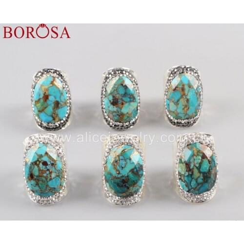BOROSA 5PCS Natural Gold-Line Turquoises Stone Silver Plated Band Rings Crystal Paved Black/White Zircons Drusy Jewelry JAB944