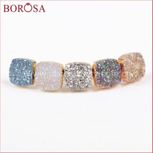 BOROSA 5pcs New Design Gold Color Square Natural Crystal Druzy Titanium Transparent Mix Color Druzy Stud Earrings G0914