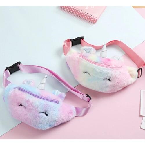 Childrens Fanny Pack Girls Waist Bag Unicorn Plush Belt Gradient Color Chest Bag Cartoon Coin Purse Cute Girls Shoulder Bags