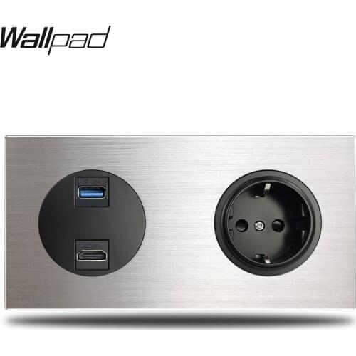 HDMI & USB 3.0 Connection Jack with EU Wall Electrical Outlet Power Socket Silver Brushed Aluminum Alloy Panel Dual Plate