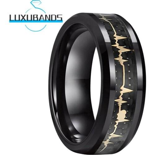 8MM Women Mens Tungsten Carbide Rings Gold Heartbeat Black Carbon-Fiber Inlay Beveled Edges Polished Finished Comfort Fit