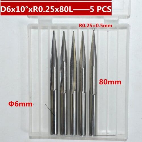5PCS-D6*10°*R0.25*80L.CNC carbide wood End Mill,woodworking insert router bit,Taper ball nose end milling cutter,deep relief,pvc