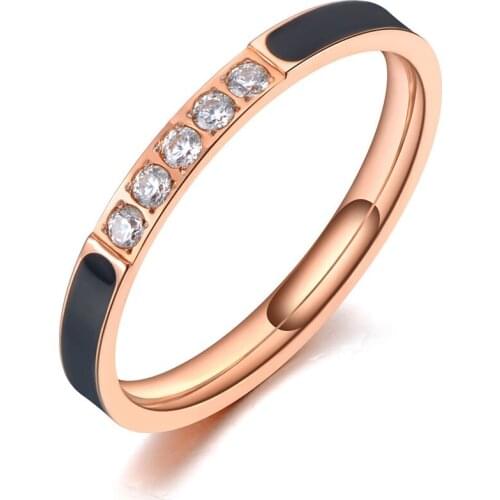 Trendy Titanium Stainless Steel Fine Brand Jewelry Black Acrylic & CZ Crystal Rings Bridal Wedding Ring For Women R19126