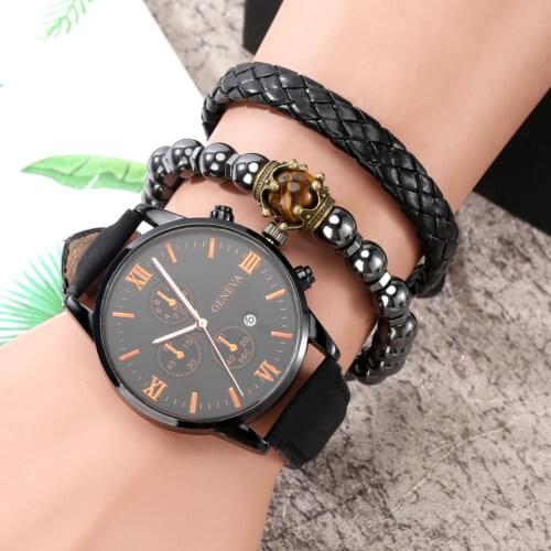 Best Watch Gift Set Cool Black Dial Quartz Watch Retro Bead Leather Bracelet Top Student Clock Birthday Gifts for Husband Dad