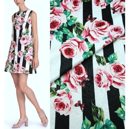 100x145cm Fashion Stripe Rose Flowers Butterfly Print Thin Jacquard Fabric For Woman Dress DIY Cloth Sewing