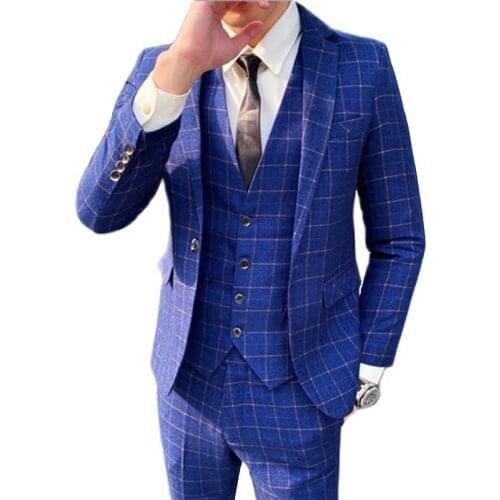 2021 New Arrival Men Business Casual Slim Plaid Fit Suit Jacket Coat Male High Quality Wedding 3 Pieces Set Blazes Pant Vest