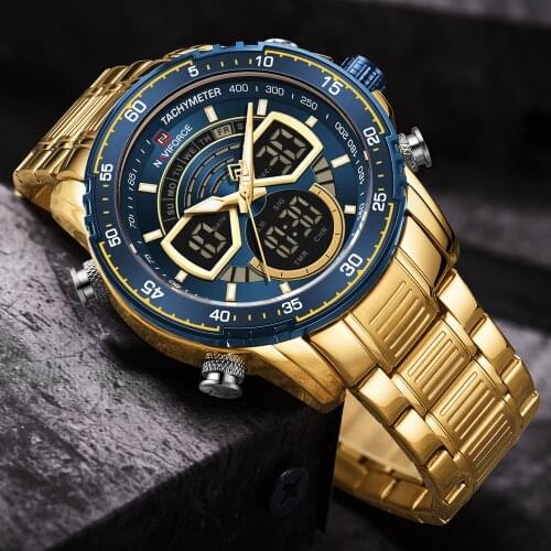NAVIFORCE Mens Analog Chronograph Watch with Stainless Steel Bracelet Top Brand Luxury Fashion Dual Display Relogio Masculino