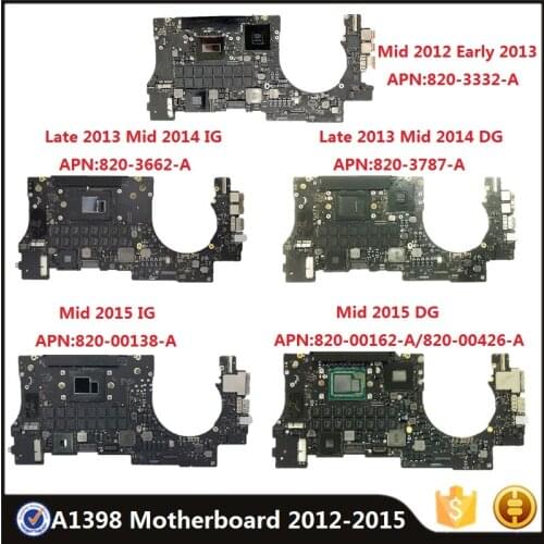 Original A1398 Motherboard For MacBook Pro Retina 15" 2012-2015 Core i7 8/16GB IG DG Logic Board Laptop Spare Replacement Tested