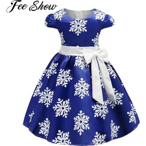 Girls Dress Christmas Princess Costume Short Sleeve Snowflake Print Bowknot Kids Dresses For Girls Wedding Party Birthday Dress