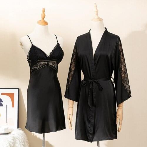 Sanderala Sexy Women Sleepdress Robe & Gown Sets V Neck Women Elegant Satin Gown Bathrobe Home Pajamas Satin Robe Sexy Bathrobe